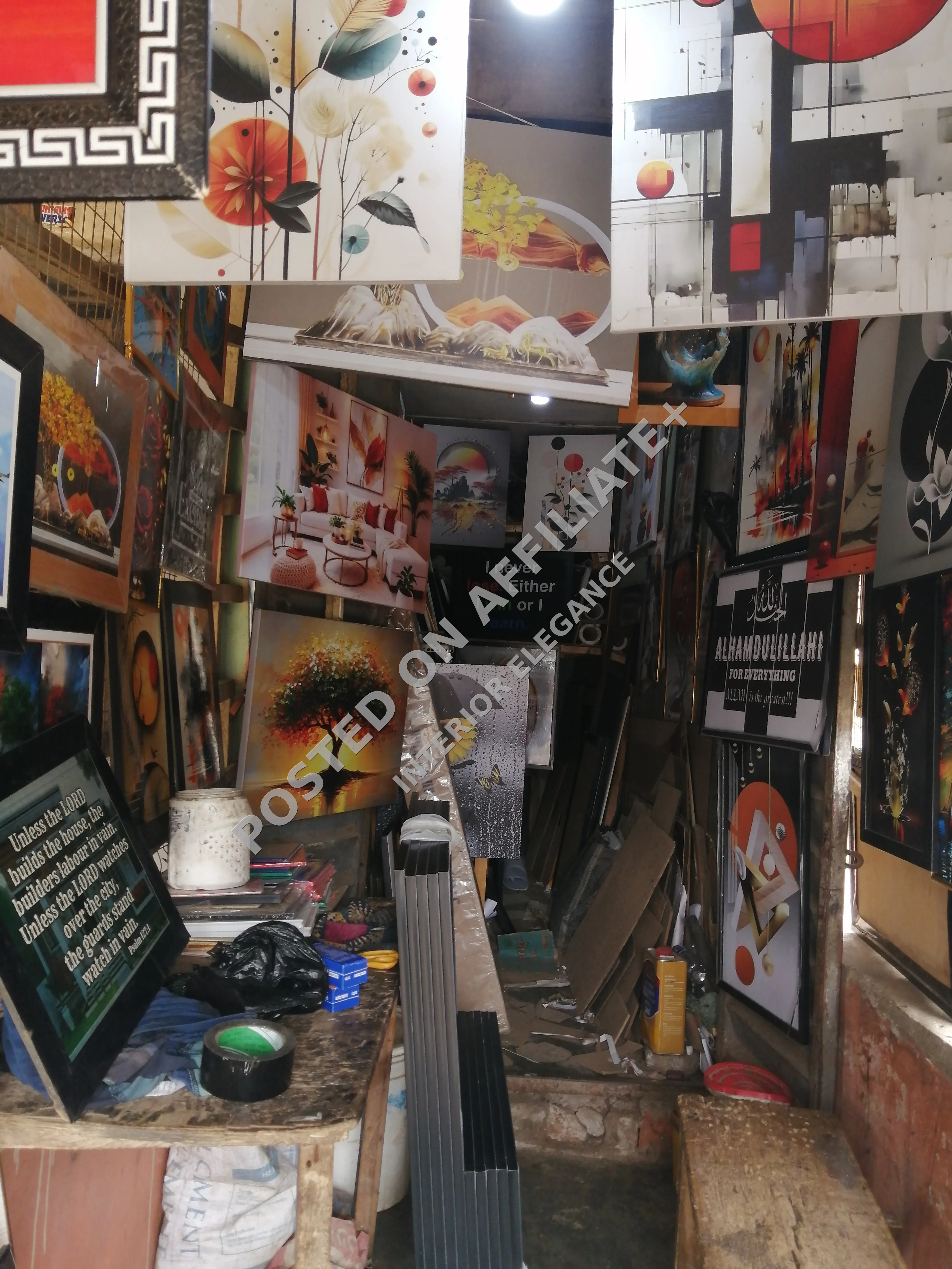 Artificial flowers, artworks, frames, interior decoration, door mat